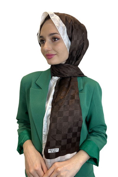Hint İpek Dama Desenli Monogram Şal Acı Kahve 00707