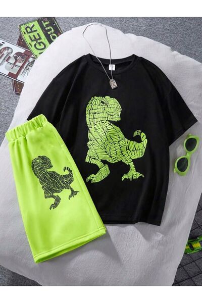LOUİSA طقم شورت و تي شيرت مطبوع عليه ديناصور أسود وأخضر نيون للأولاد والأطفال