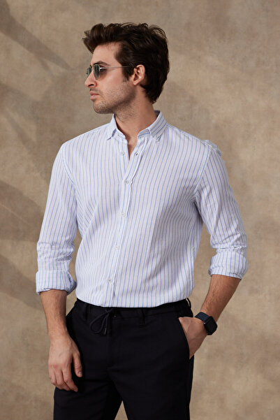 RAVANELLI Erkek Gömlek Çizgili Pamuk Keten Modern Slim Fit Gömlek