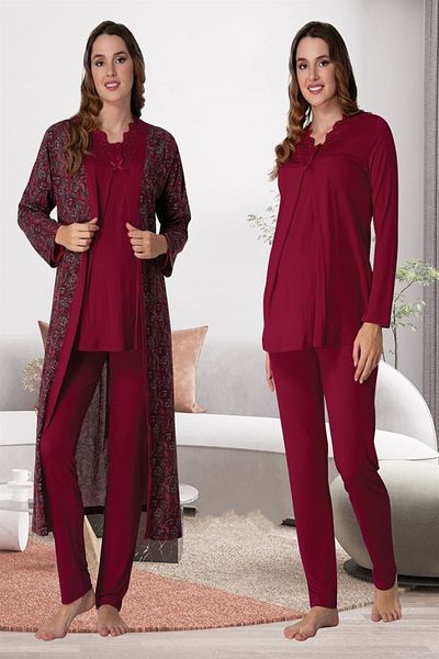 Lohussa Women's Burgundy Design Patterned Cotton Maternity Maternity Dressing Gown Pajama Set NUR9058