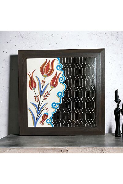 AYGEN Handmade Çini Seramik Yaldız Süslemeli Geleneksel Lale Tasarım 37 x 37 - 32 x 32 cm Çerçeveli Tablo