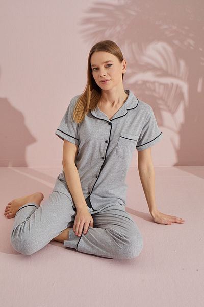 LİLA İÇ GİYİM Buttoned Cotton Short Sleeve Pajamas Set