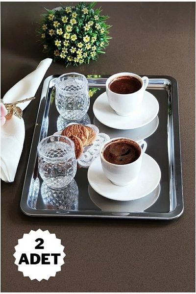 AHİR TİCARET Set of 2 Stainless Steel Serving and Presentation Tea Coffee Dessert Tray 33x23cm