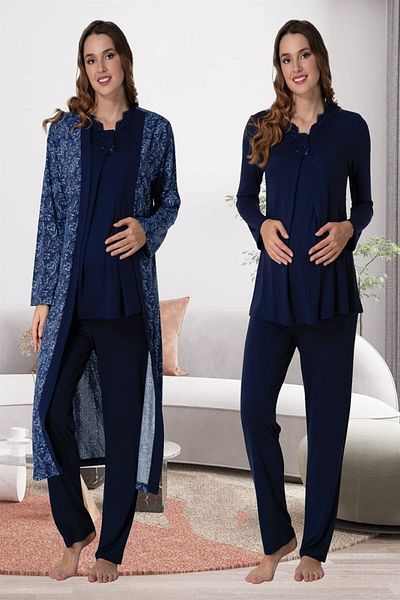 Lohussa Women's Navy Blue Design Patterned Cotton Maternity Maternity Dressing Gown Pajama Set NUR9058