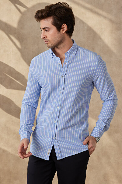 RAVANELLI Erkek Gömlek Çizgili Pamuk Keten Modern Slim Fit Gömlek