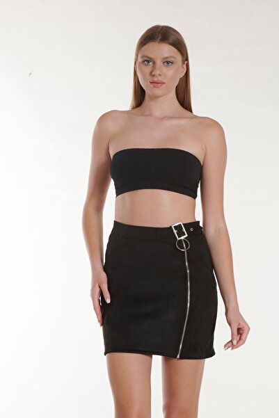 SOLİLDE Fusta neagră din piele intoarsa cu detaliu cu fermoar