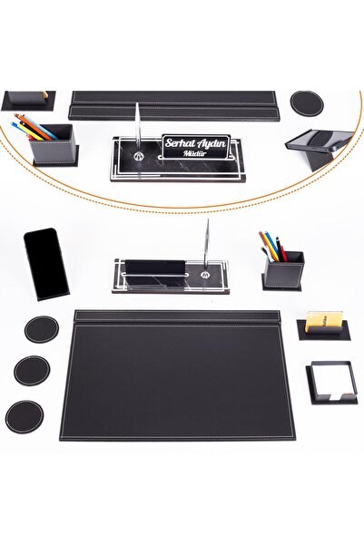 Ofistike Sky Gümüş Siyah Sümen Takımı ve Mermer Desenli Ahşap Masa İsimliği O...