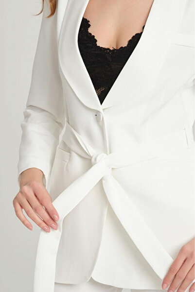 Bella Breeze Damen Blazer mit Bindegürtel, Kunsttasche, Schalkragen, Jacke, flexibles Hosenanzugbein