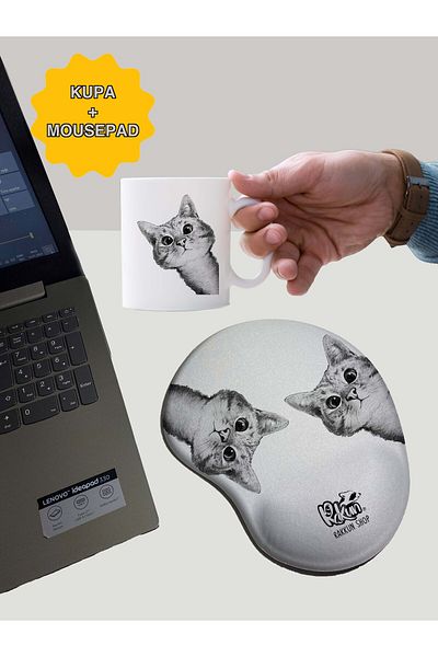 rakkun shop لوحة ماوس مطبوعة بمساعدة المعصم من Hello Cats + كوب كوب