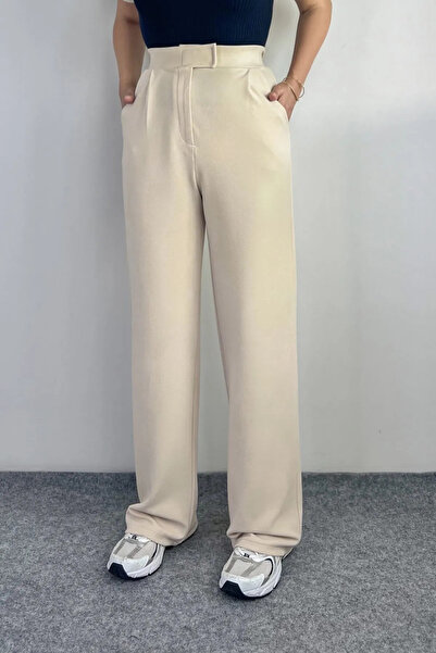 EVAN EVA Pantaloni Palazzo de damă crem Lycra cu închidere velcro