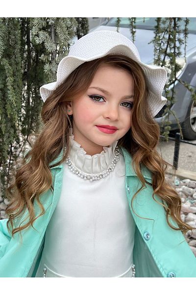Poyraz Fashion Kids Girl's Trench Pearl Detailed Dress and Hat Set Holiday Combination