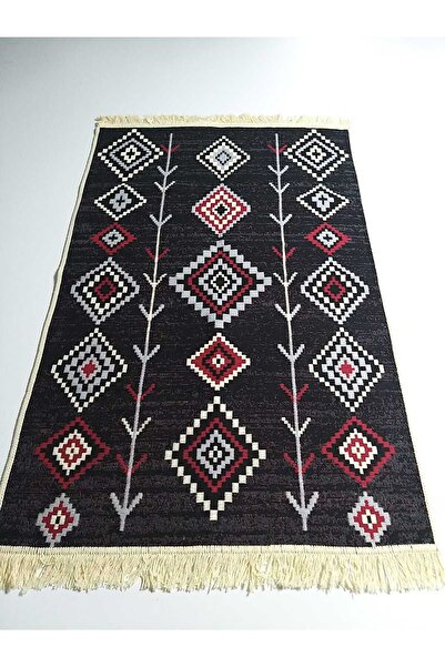 Voho Tekstil Çift Taraflı Halı Kilim Yolluk Astra Siyah - Yıkanabilir Saçaklı