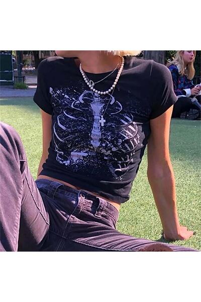 Toum Gothic Harajuku Style Skeleton Cage Half Women's Crop T-shirt