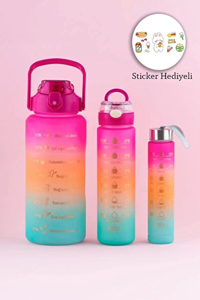 Rosemor 3'lü Motivasyon Kokusuz Stickerlı Spor Suluk Matara Pipetli Taşınabil...