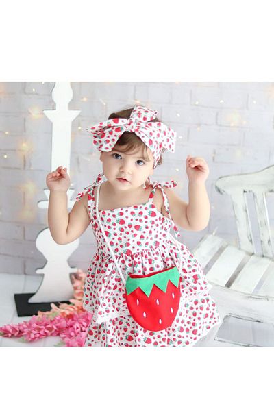 KATIA Baby Girl strawberry Printed Dress Dress and Hair band and strawberry bag 3-Piece Set