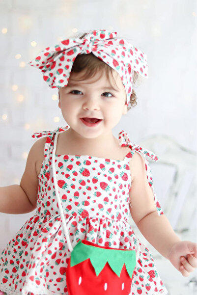 KATIA Baby Girl strawberry Printed Dress Dress and Hair band and strawberry bag 3-Piece Set