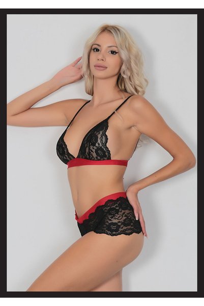 LoeCulotte Set de lenjerie sexy pentru femei cu dungi negre rosii