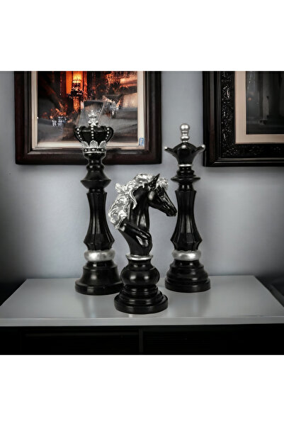 SZN DEKOR Gümüş Detaylı Siyah 3 Lü Satranç Seti Ofis Hediyesi,konsol Üstü Aks...