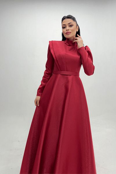 giyimmasalı Taffeta Satin Fabric Green Detailed Evening Dress - Claret Red