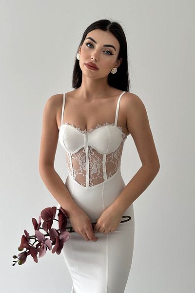 lovebox Damen-Abendkleid 229 aus Atlasstoff, transparente Spitze, mit Trägern, mittellang, weiß