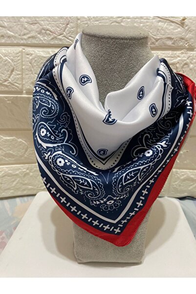 sema aksesuar Kırmızı Kenarlıklı Lacivert Fular - Etnik Desenli - Bandana - A...