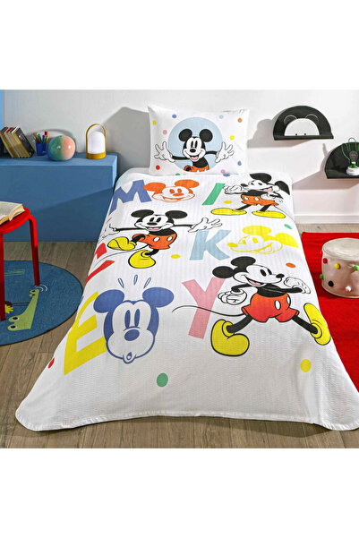 Taç Lisanslı Mickey Mouse Happy Tek Kişilik %100 Pamuk Pike Takımı