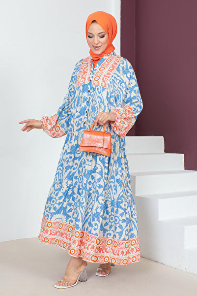 MODAQU فستان فيسكوز ملون مزين بالزهور باللون الأزرق الجليدي