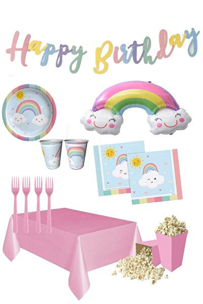 BİDOLUMUTLULUK Gökkuşağı Temalı Doğum Günü Seti 8 Kişilik Parti Kutlama Eğlence