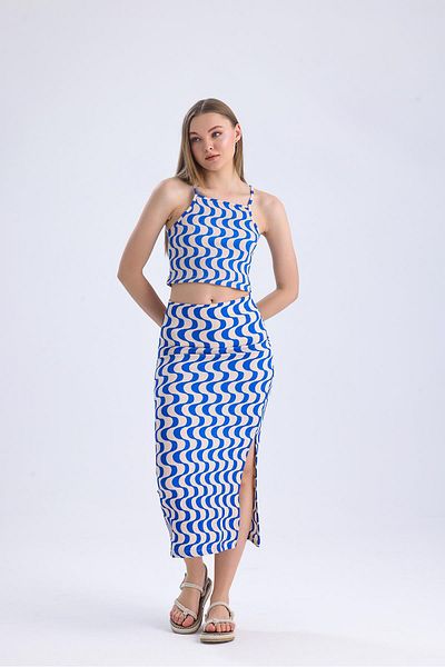 Miss Murem Rope Hanger Crop Skirt Set-RIBBON SAX