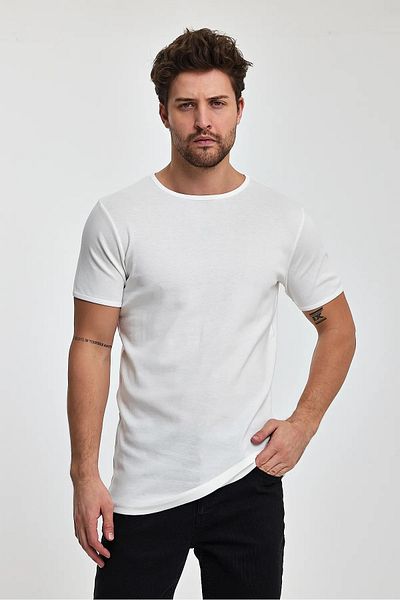 Rodi Jeans Men's Off-White Regular Fit Ribbed Crew Neck Cotton Basic T-shirt