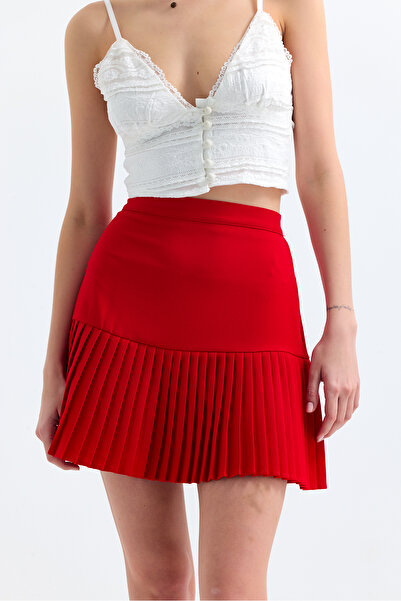sewing story Kırmızı Piliseli Dokuma Mini Etek
