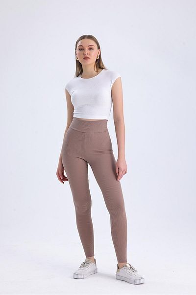 Miss Murem Milk Brown Colored Wide Belt Ribbed LeggingS