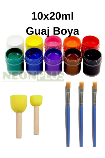 NEON PLUS Guaj Boya 10x20ml Ponpon,3'lü Fırça, Boyama Seti