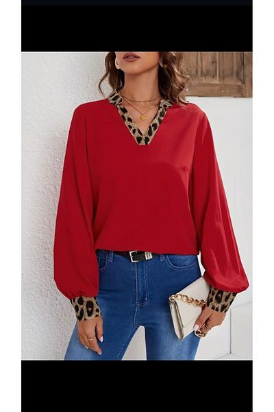 ESSFASIHON Long Sleeve Collar and Sleeve Sandy Blouse with Leopard Garnish
