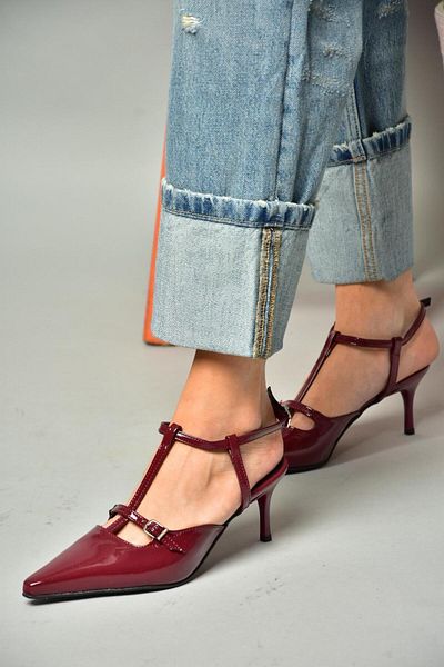 Fox Shoes S654071208 Claret Red Patent Leather Low Heeled Women's Shoes
