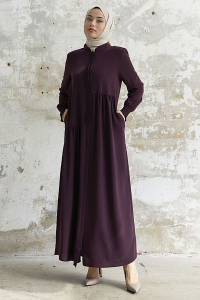 InStyle Asymmetric Cut Ferace with Ruffle Placket - Plum