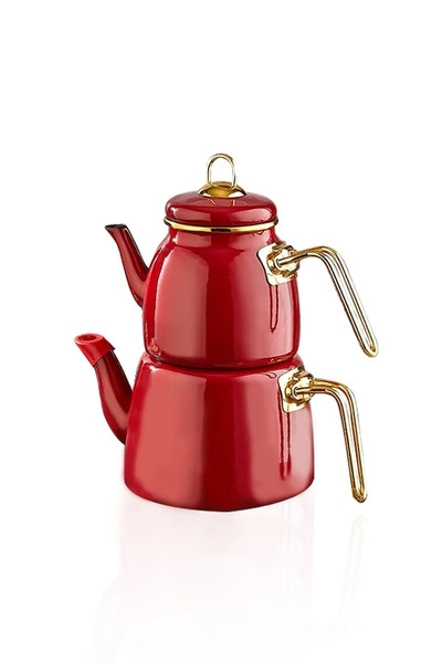 Bayev Ramazana Special Sahur Set 30 Cm Double Compartment Pan + Red Enamel Teapot Set Iftar Set