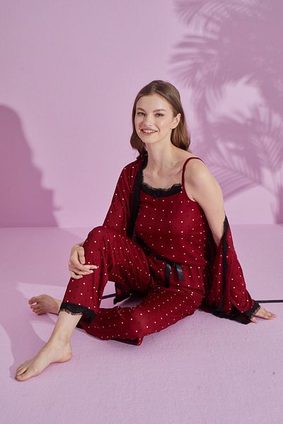 Temporium Women's Dressing Gown Lace Detailed Rope Strap 3 Piece Pegasus Pajamas Set
