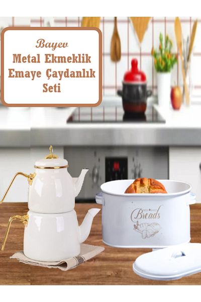 Bayev Ramazana Special Iftar Set White Metal Bread Enamel Teapot Tableware Set