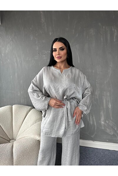 MAY MARA WOMEN'S 2-PIECE COLLAR Rhinestone Embroidery Detailed Tunic Pants Suit