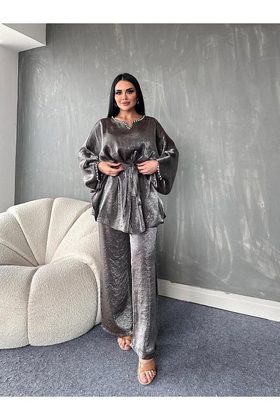 MAY MARA WOMEN'S 2-PIECE COLLAR Rhinestone Embroidery Detailed Tunic Pants Suit