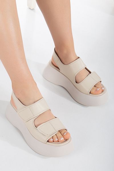 Dicle Stil Gia Velcro Platform Heeled Beige Skin Sandals