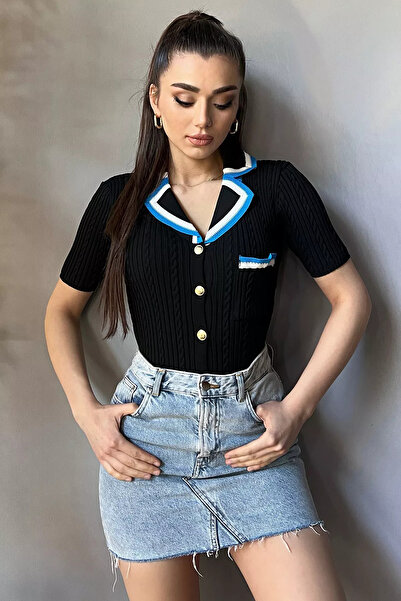 GÜLSELİ Black Self Patterned Women's Lycra Knitwear Blouse with Gold Button Detail