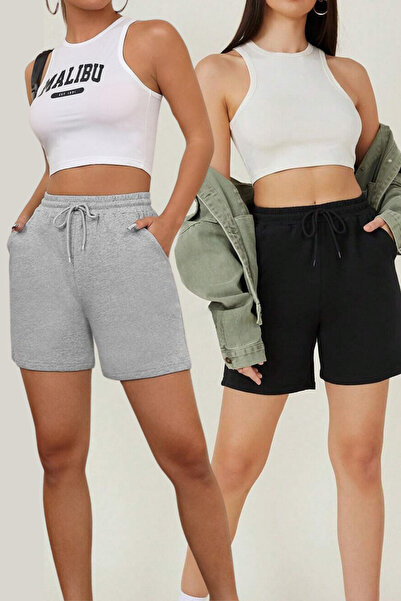 NAKRUF Gri-Siyah 2'li Kadın Penye İpli Şort