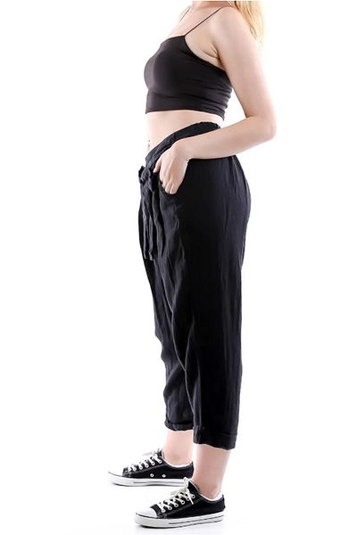 AYASOFYA OTANTIK Women's Black Italian Elastic Waist Belt Detailed Casual Carrot Linen Trousers