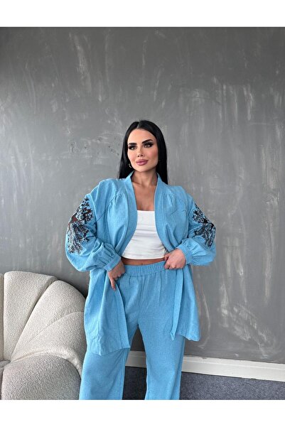 MAY MARA بدلة نسائية مكونة من قطعتين بأكمام وظهر مطرز وسترة وبنطلون