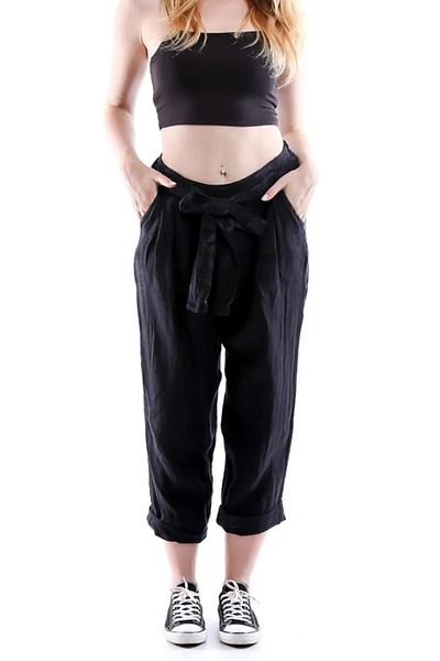 AYASOFYA OTANTIK Women's Black Italian Elastic Waist Belt Detailed Casual Carrot Linen Trousers