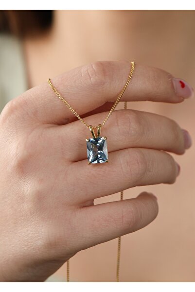 LİNOVE JEWELLERY 925 Ayar Gümüş Aquamarin Kolye, Gümüş Baget Üzeri 14K Altın ...
