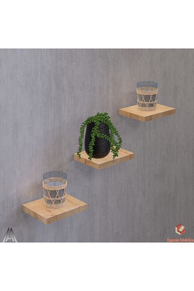 Egecan Mobilya Oak Flying Wall Shelf 3 Pieces Decorative Shelf Flower Pot Candle Holder Decorative Flower Pot