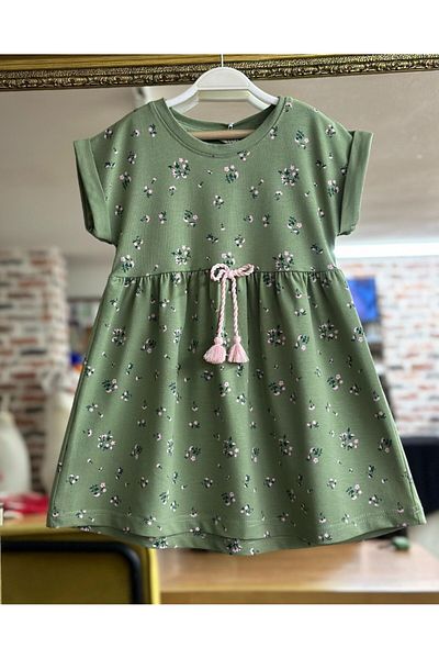 Elidabutik Rochie verde cu detaliu cu ciucuri cu imprimeu floral